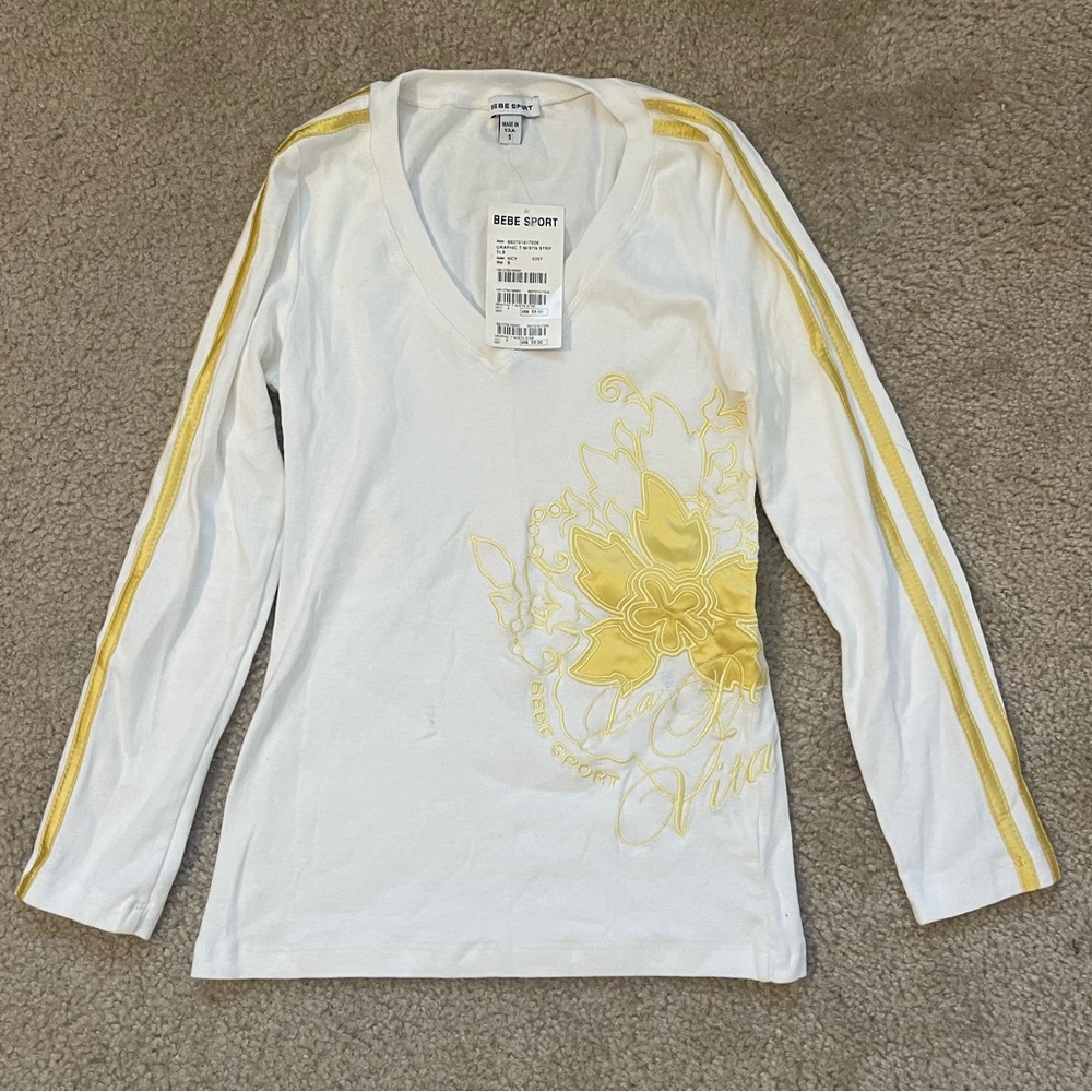 bebe White V-Neck Sport Top with Yellow Accent